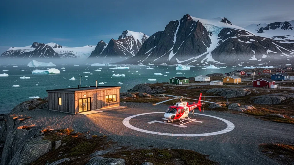 Small Arctic heliport at Kullorsuaq, Greenland, with a parked helicopter, rocky coast and snowy mountains in golden light.