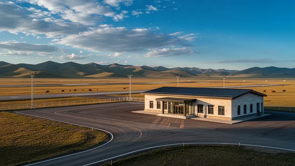 Low-rise modern terminal and runway at Kharkhorin Airport in Mongolia, framed by open steppe grassland and distant hills under a wide blue sky