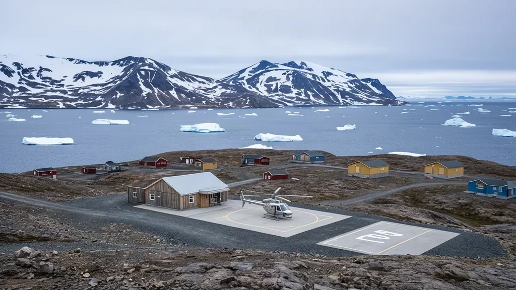Kullorsuaq Heliport in northwestern Greenland showing the small Arctic helipad, terminal building and iceberg-dotted sea