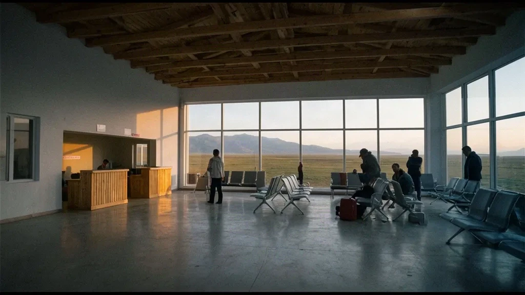 Interior of the small terminal at Kharkhorin Airport in Mongolia, with check-in counters, waiting seats and windows opening onto the steppe.