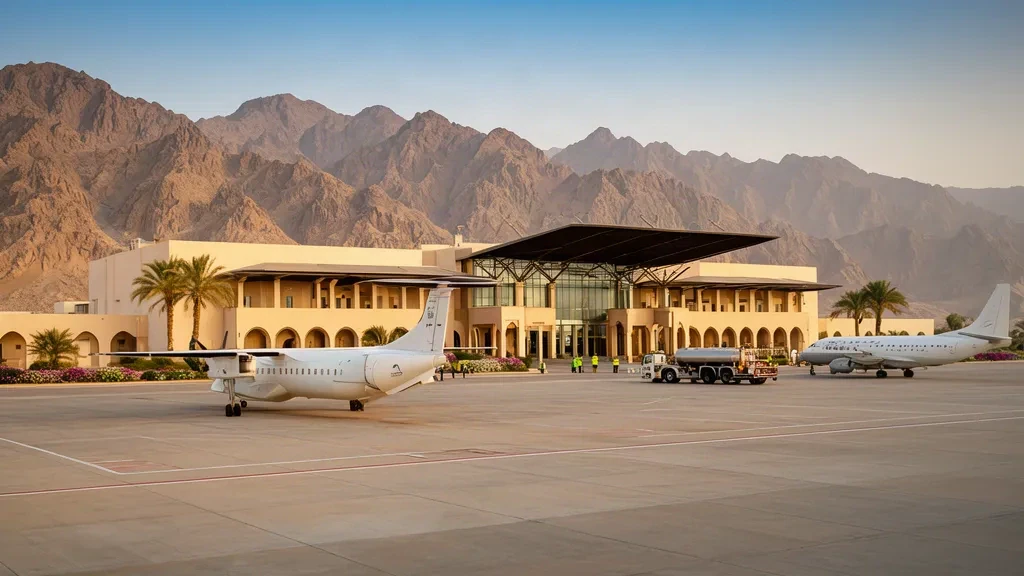 Low-rise Khasab Airport terminal in Oman with rugged Musandam limestone mountains behind and a regional aircraft on the sunlit apron