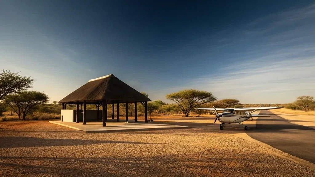 Terminal de monte al aire libre con techo de paja y pista de arena en el aeropuerto de Khoka Moya, en la reserva de Manyeleti de Sudáfrica, bajo una cálida luz de tarde