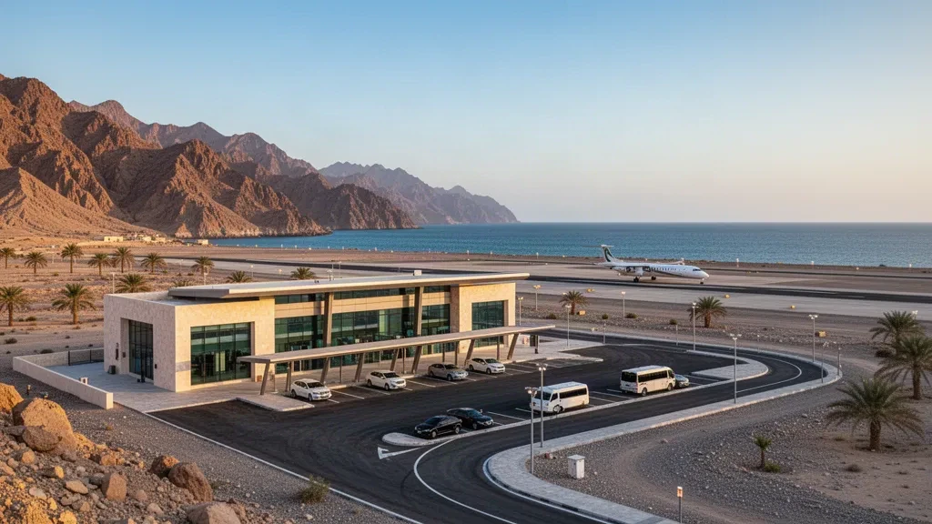 Terminal et aire de trafic de l'aéroport de Khasab dans les montagnes du Musandam à Oman, avec une lumière dorée et le littoral du fjord en arrière-plan