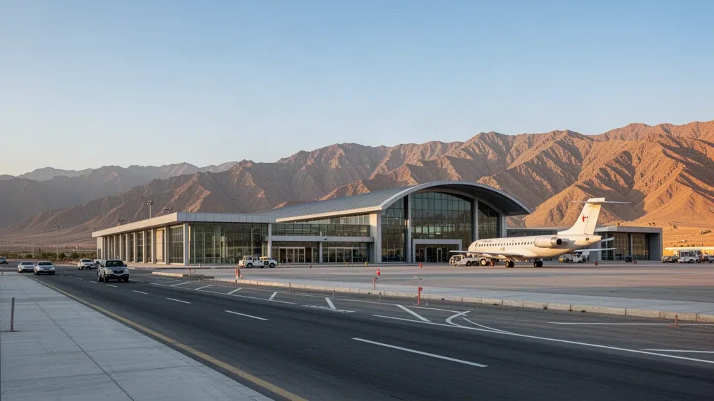Exterior de la terminal moderna y carril de bajada en el Aeropuerto Internacional de Khost, Afganistán, rodeado de montañas áridas bajo la luz de la hora dorada.