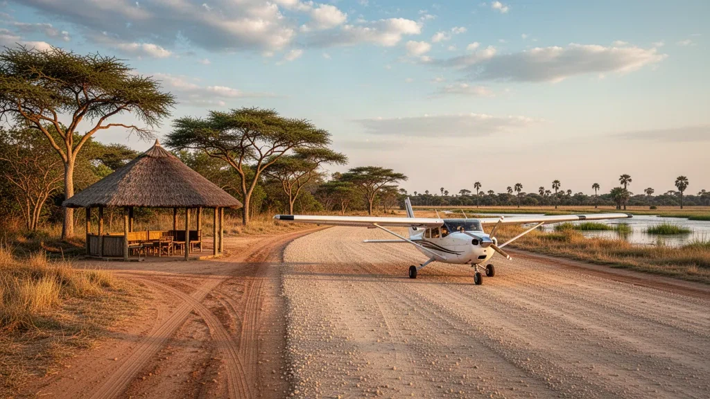 Kleines Safari-Buschflugzeug auf der Sandpiste des Khwai River Lodge Airport im Okavango-Delta in Botswana.