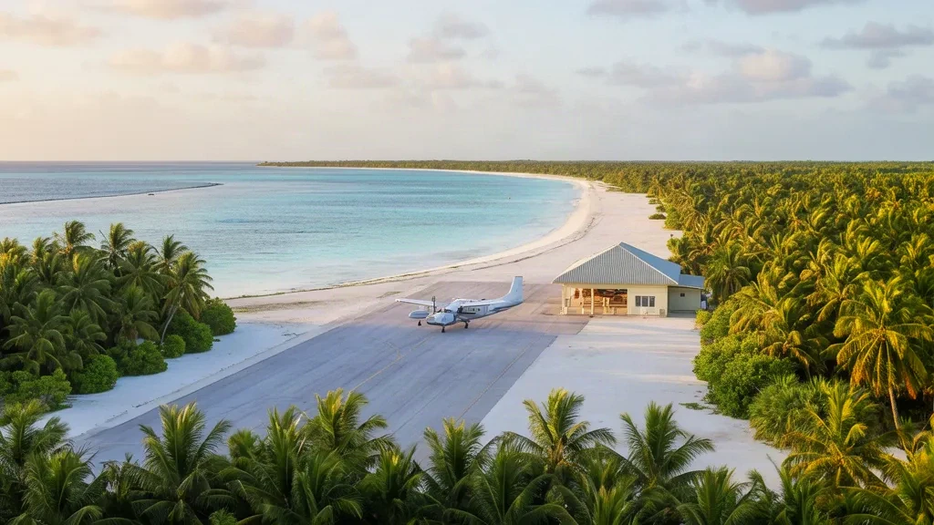 Small open-air terminal and palm-lined runway at Kauehi Airport on a Tuamotu atoll in French Polynesia under warm afternoon light.