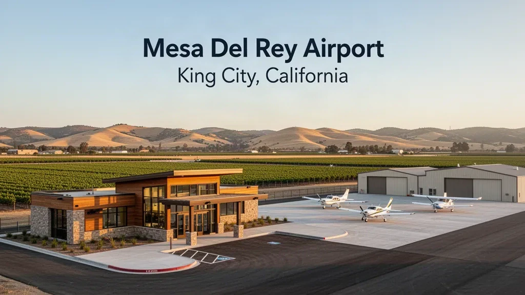Modern terminal exterior at Mesa Del Rey Airport in King City, California, with small aircraft and golden-hour light