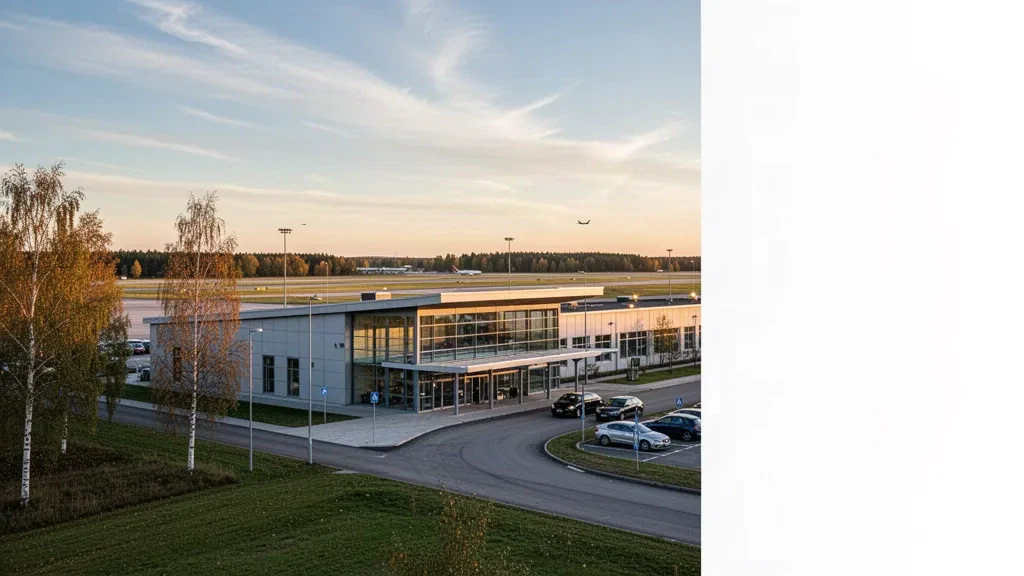 Außenansicht des Terminalgebäudes des Flughafens Kristianstad mit Bringspur und Taxi im warmen Licht der goldenen Stunde in Everöd, Schweden