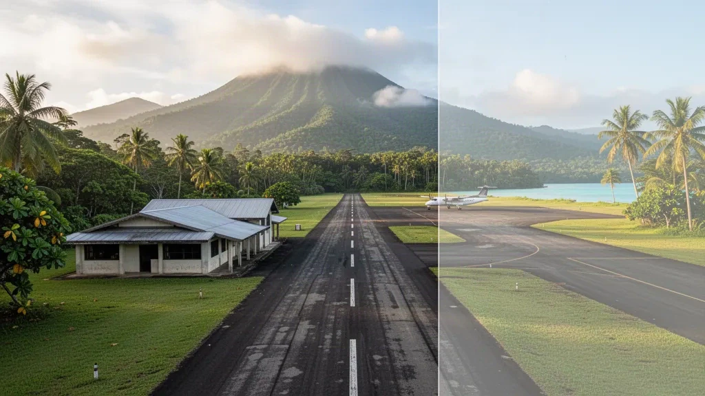 Aeropuerto tropical de Aropa en la isla de Bougainville, Papúa Nueva Guinea, con un pequeño edificio terminal, una única pista y montañas selváticas al fondo.