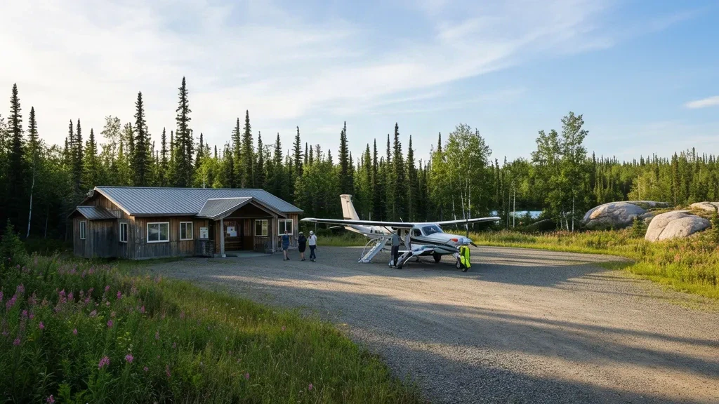 Pequeño aeropuerto de comunidad remota en Kingfisher Lake, Ontario, con una pista de grava, aviones turbohélice estacionados y bosque boreal bajo una suave luz de la tarde.