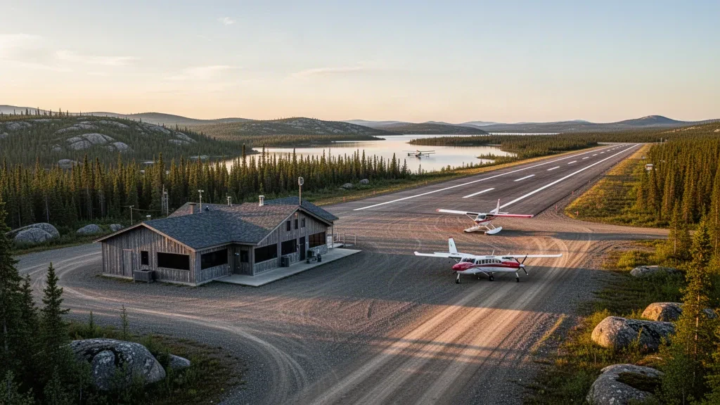 Petit turbopropulseur sur l'aire de trafic en gravier de l'aéroport de Kingfisher Lake, dans le nord isolé de l'Ontario, entouré de forêt boréale à l'heure dorée.