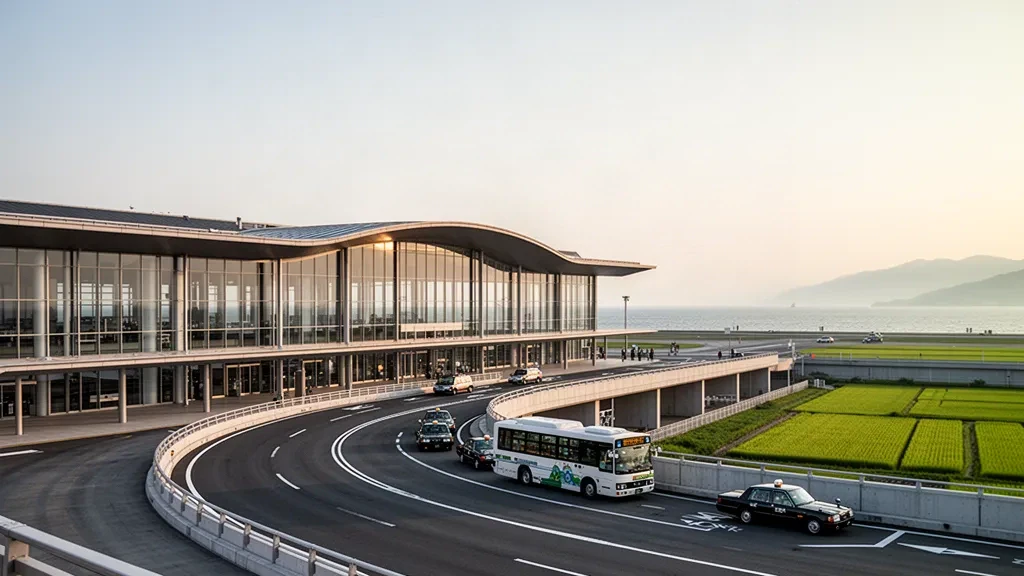 Exterior moderno de terminal de vidrio en el Aeropuerto de Niigata junto al Mar de Japón, con un carril curvado de descenso y una carretera costera en la hora dorada.