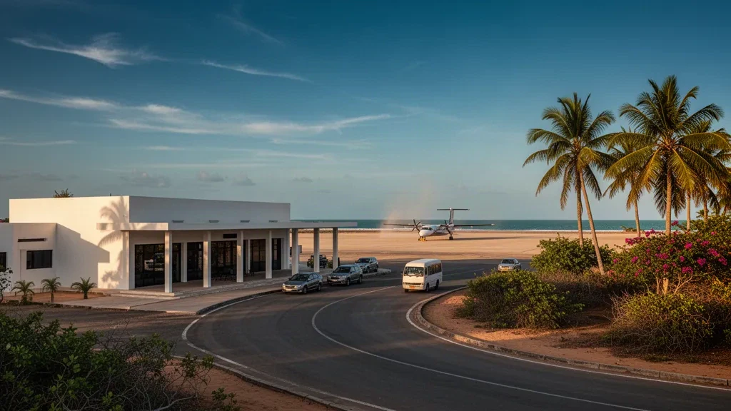 Kleines Terminal an der Küste und sonniges Vorfeld am Kilwa Airport mit Palmen, einem Turboprop-Flugzeug und warmem Licht am späten Nachmittag