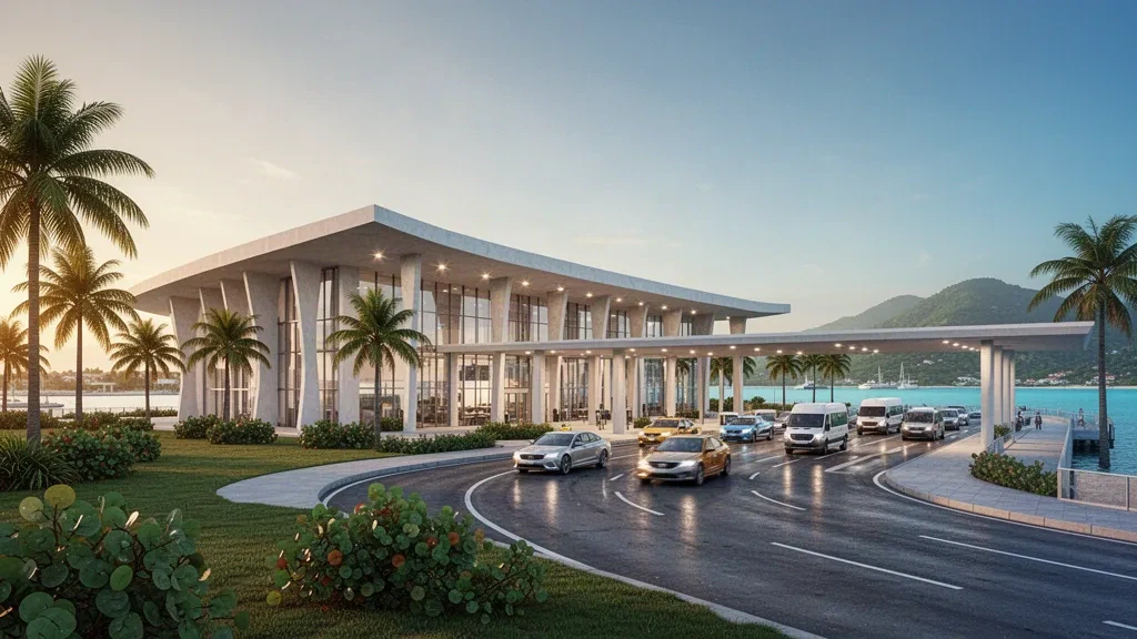 Esterno moderno del terminal in vetro e zona di sosta per la riconsegna dei passeggeri all'aeroporto Norman Manley International a Kingston, Giamaica, con palme e vista sul porto