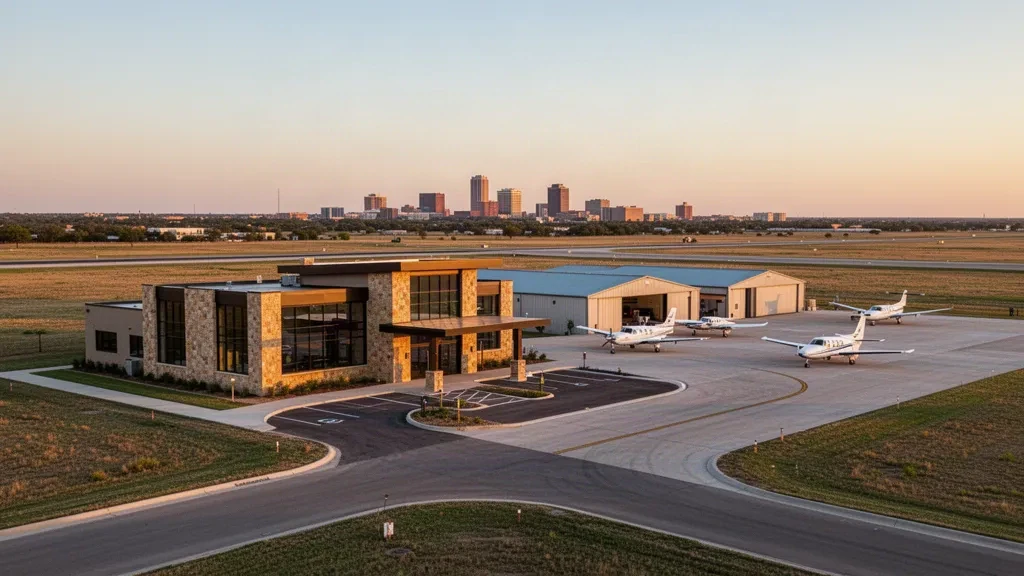 Kickapoo Downtown Airport terminal and apron in Wichita Falls, Texas at golden hour, with general aviation aircraft and open Texas sky.