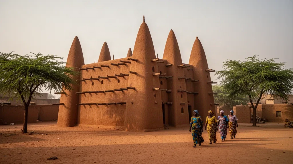 Grand Mosque of Bobo-Dioulasso in Burkina Faso, its Sudano-Sahelian mud towers and wooden beams glowing in warm late-afternoon light