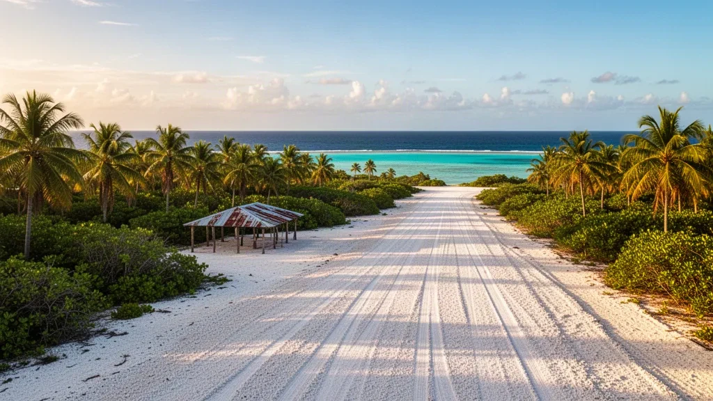 Pista remota in corallo dell'Aeroporto di Kili sull'Isola di Kili, Isole Marshall, incorniciata da palme da cocco e dalle acque turchesi della laguna del Pacifico.