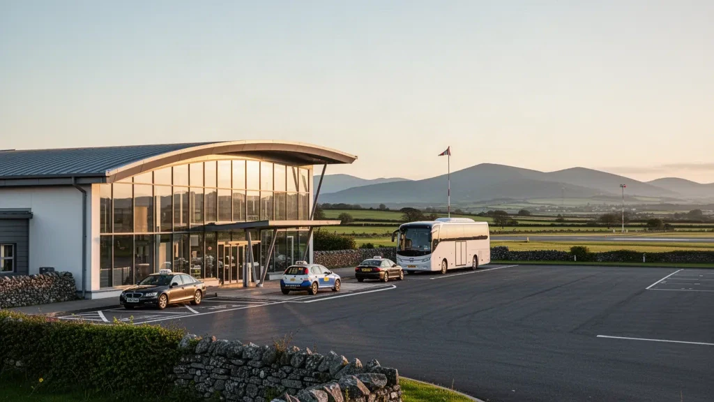 Exterior de la terminal del aeropuerto de Kerry a la hora dorada con una explanada de acceso para dejar pasajeros y el verde paisaje del condado de Kerry al fondo