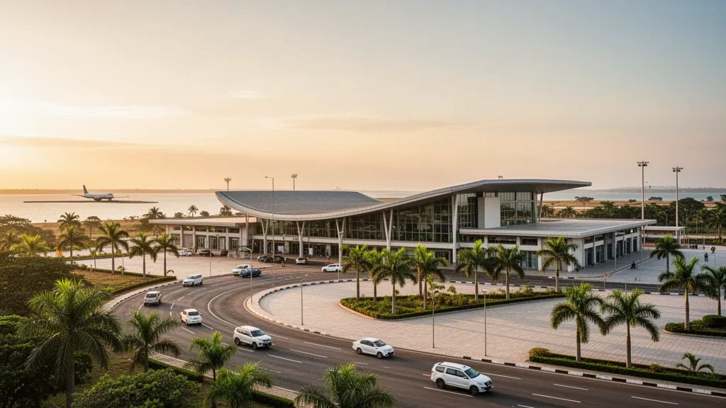 Terminal moderno de cristal y carril de descenso en el Aeropuerto Internacional de Kisumu con luz cálida de hora dorada
