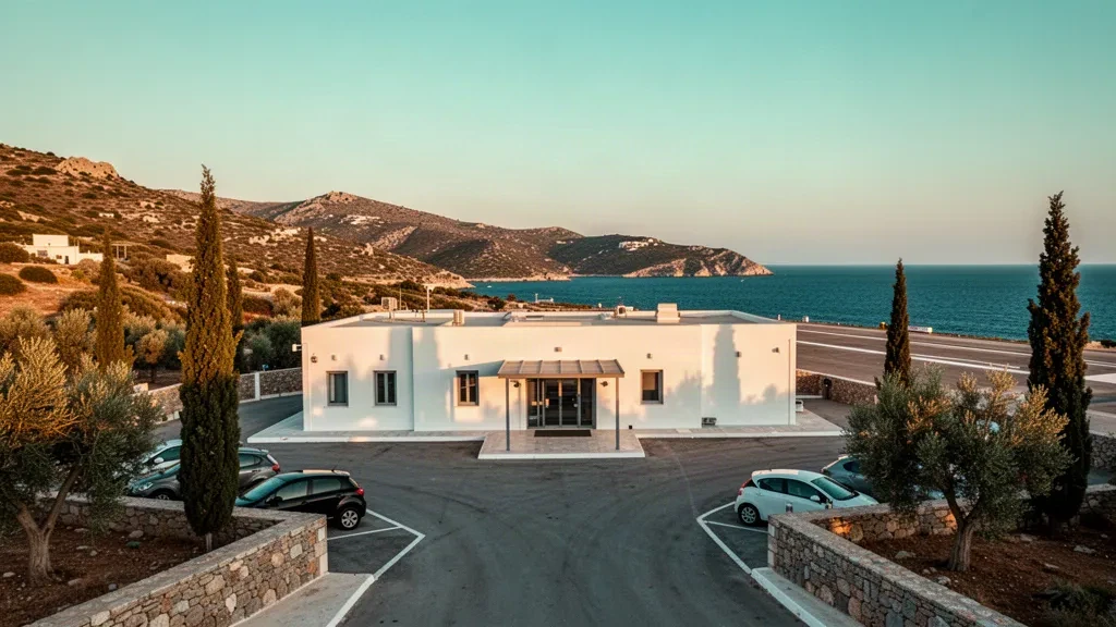 Yunanistan'daki Kithira Adası Ulusal Havaalanı'nın badanalı terminali ve parke taşlı ön avlusu, sıcak Akdeniz altın saati ışığında parlıyor