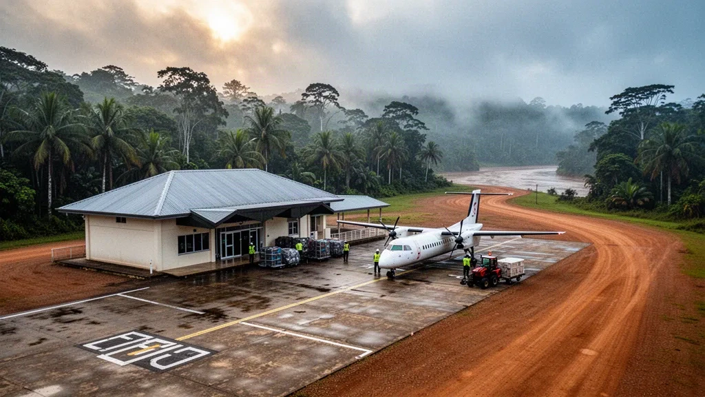 Terminal d'aéroport régional tropical et tarmac à l'aéroport de Kiunga en Papouasie-Nouvelle-Guinée, entourés d'une dense canopée de forêt tropicale