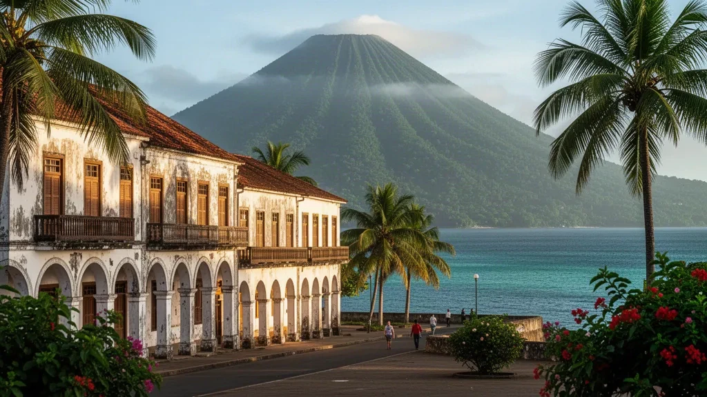 Kolonialbauten an der Uferpromenade und Palmen in Malabo, Äquatorialguinea, mit dem grünen Vulkangipfel des Pico Basilé, der hinter der Stadt aufragt