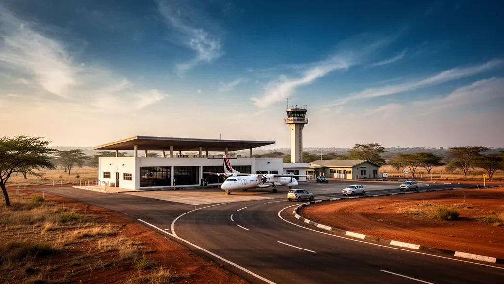 Modernes Terminalgebäude, Vorfeld und Zufahrtsstraße am Southdowns Airport, der Kitwe, Sambia, in warmem Licht des späten Nachmittags bedient