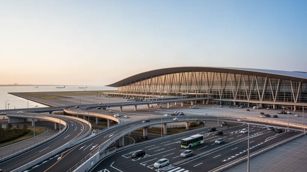 Amplia vista durante la hora dorada de la terminal de cristal curvado del Aeropuerto Internacional de Kansai en su isla artificial en la bahía de Osaka, Japón.