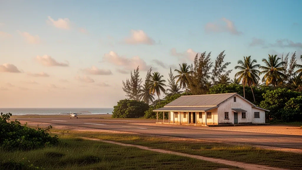 Pequeña terminal costera en el aeropuerto de Kilwa Masoko, en Tanzania, rodeada de palmeras con la pista tropical bajo la luz dorada del atardecer.