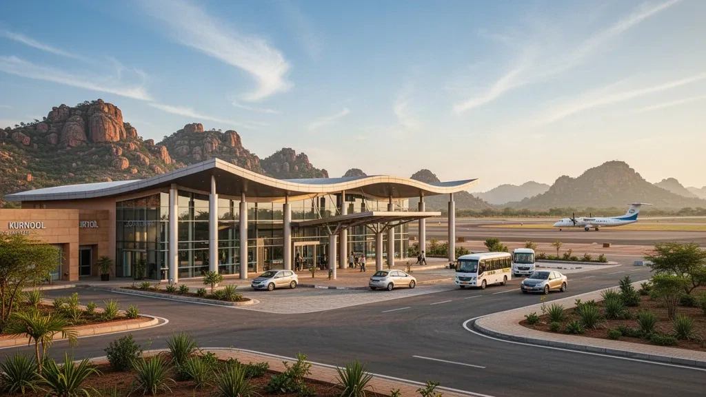 Exterior de la terminal moderna del Aeropuerto de Kurnool en Orvakal, Andhra Pradesh, con fachada de cristal, carril de descenso y colinas rocosas a la hora dorada.