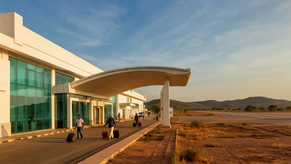 Edificio de terminal moderna del Aeropuerto de Kurnool (KJB) en Andhra Pradesh, India, con viajeros caminando junto a fachadas de cristal a la hora dorada