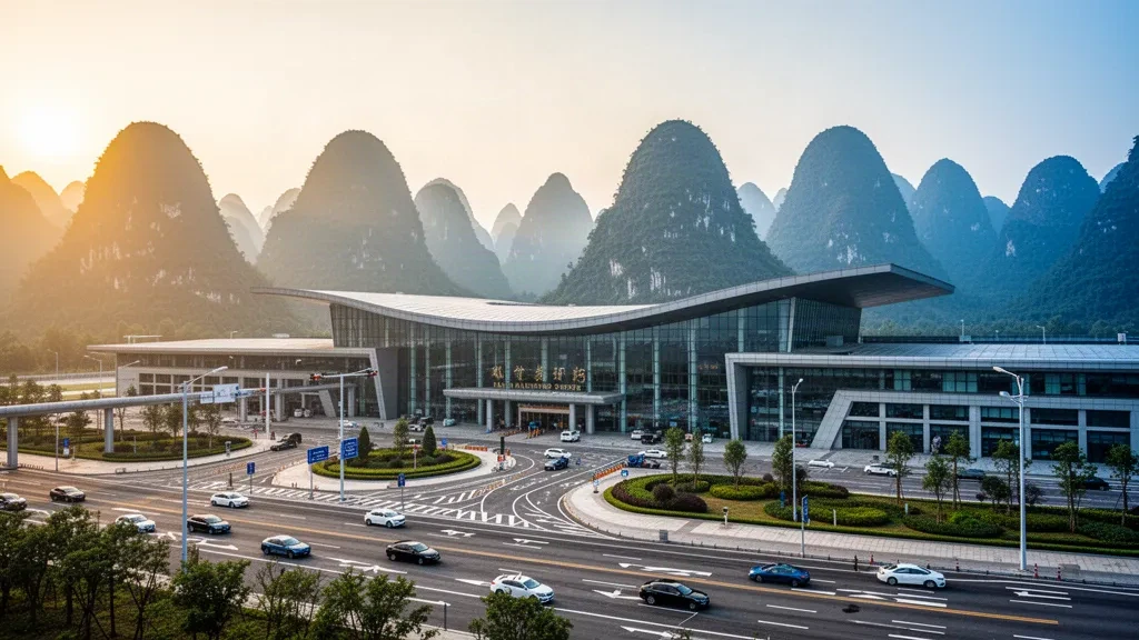Moderno terminal esterno dell'aeroporto di Kaili Huangping nel Guizhou, circondato da colline verdi avvolte dalla nebbia durante l'ora d'oro.