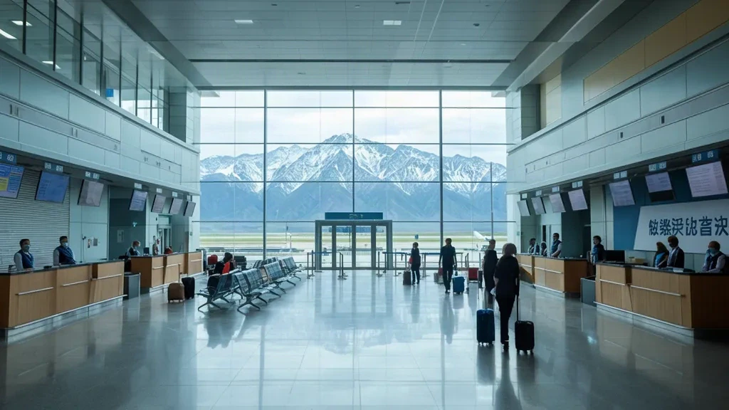 Reisende an den Check-in-Schaltern im Terminal des Flughafens Burqin Kanas, mit Blick auf das Altai-Gebirge durch große Fenster.