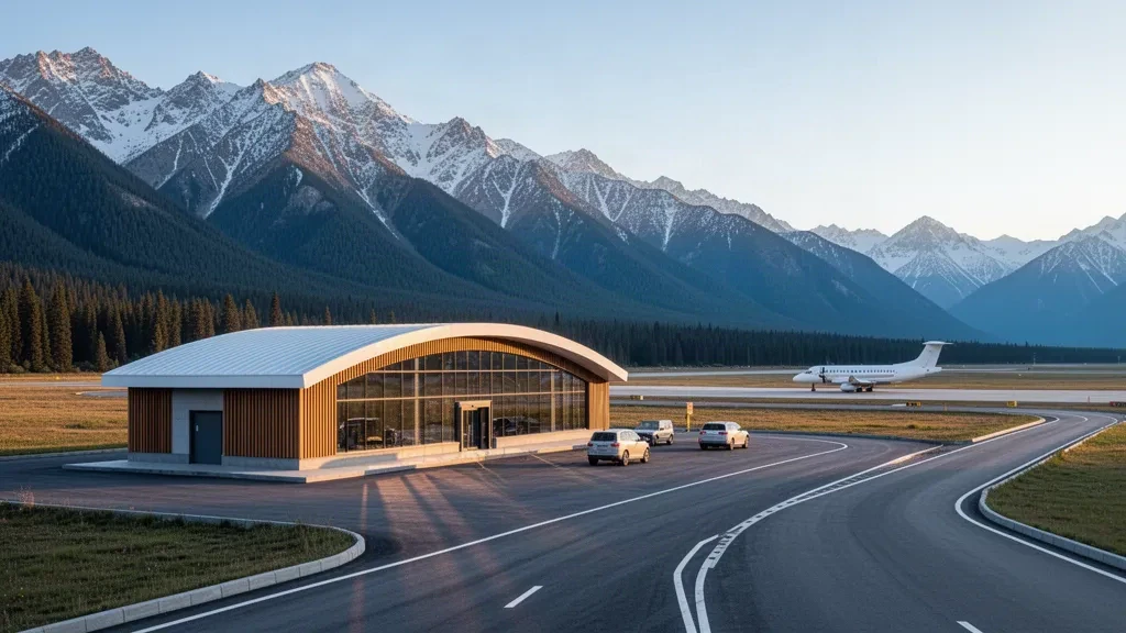 Moderno terminal in vetro all'aeroporto di Burqin Kanas nello Xinjiang, con vista sui monti Altai e una corsia di sosta tranquilla nell'ora d'oro
