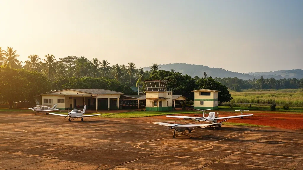 Leichtflugzeuge und ein kleiner Kontrollturm auf dem Vorfeld des Kajjansi Airfield nahe Kampala, Uganda, in warmem Nachmittagslicht.