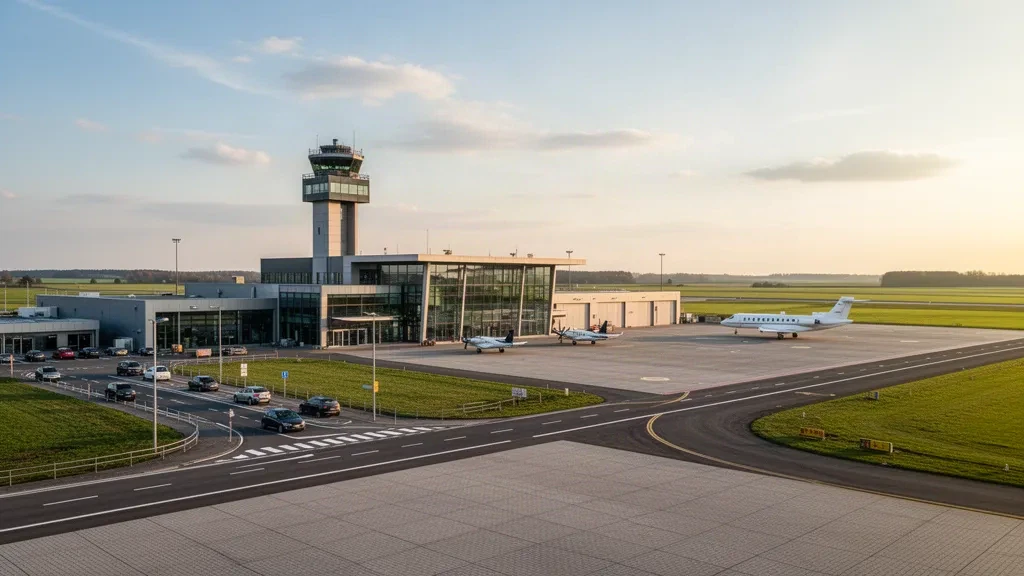Modern terminal exterior at Kortrijk-Wevelgem International Airport with glass facade, control tower, and business jet on the apron at golden hour.