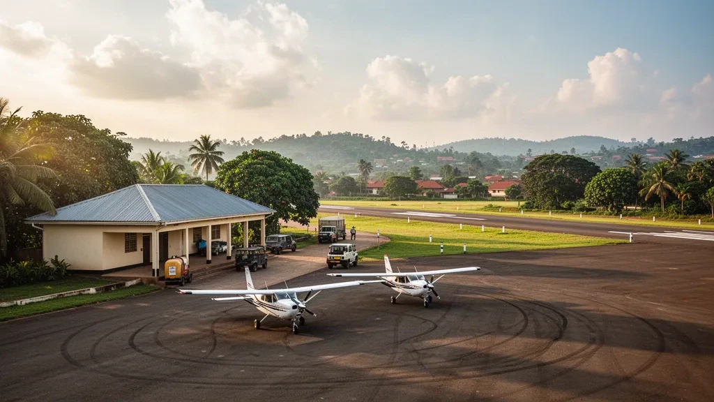 Kampala, Uganda yakınlarındaki Kajjansi Havaalanı'nın geniş altın saat manzarası; apronda park etmiş küçük uçaklar ve arkasında tropikal yeşillikler.