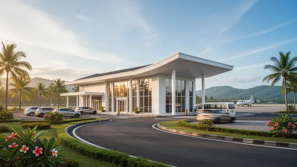 Endonezya'nın Açe bölgesindeki Kuala Batu Havalimanı'nda palmiye ağaçlarıyla çevrili indirme-bindirme şeridi ve sıcak tropikal sabah ışığıyla modern terminal girişi.