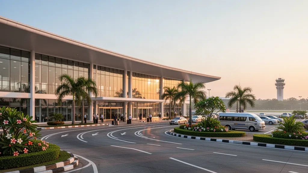 Modernes Glas-Terminal und von Palmen gesäumte Vorfahrtsstraßen am Flughafen Khon Kaen in Thailand im Licht der goldenen Stunde