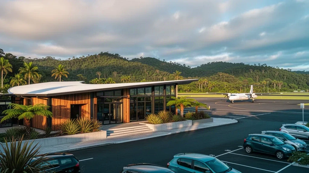 Moderno terminal regionale e piazzale di sosta dell'aeroporto di Kerikeri nel Northland, Nuova Zelanda, con colline verdi subtropicali e calda luce dorata del tramonto.