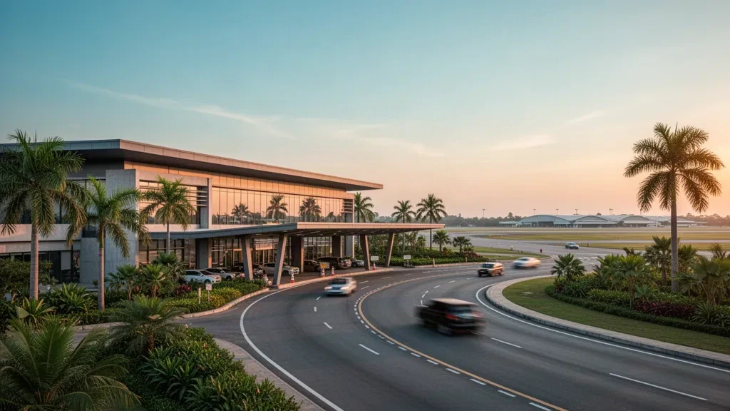 Ein modernes, niedriges Flughafenterminal am Flughafen Khok Kathiam in Lopburi, Thailand, mit tropischer Landschaft und einer Zufahrtsstraße zur goldenen Stunde.