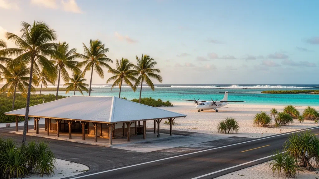 Terminal bas et ouvert et cocotiers à l'aéroport de Kaukura sur un atoll des Tuamotu, avec l'eau turquoise du lagon dans une lumière dorée