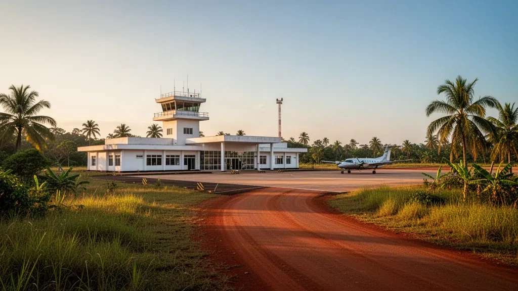 Das niedrige Terminal des Flughafens Kikwit mit befestigtem Vorfeld in der Abendsonne, umgeben von tropischen Bäumen in der Demokratischen Republik Kongo.