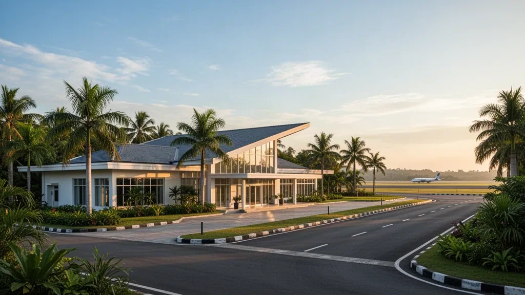 A clean, low-rise tropical terminal at Koh Kong Airport in Cambodia, surrounded by palm trees under warm golden-hour light.