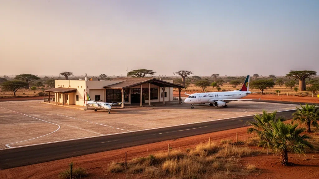 Vista durante la hora dorada de la terminal de una sola planta y la plataforma del Aeropuerto de Kaolack en Senegal, enmarcadas por árboles de sabana seca y una cálida luz ocre.