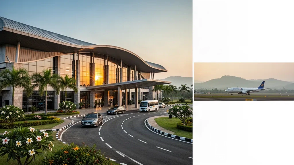 Modern Kolhapur Airport terminal exterior with glass facade, palm-lined drop-off lanes and warm golden-hour light in Maharashtra, India.
