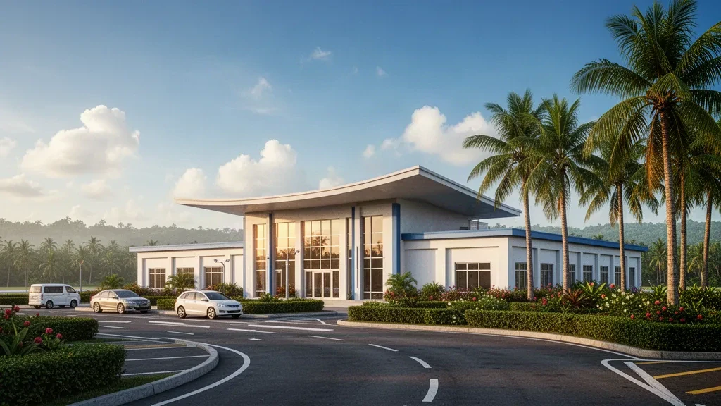 Moderno terminal bianco dell'Aeroporto Internazionale di Kalibo ad Aklan, incorniciato da alte palme tropicali nella calda luce del tardo pomeriggio