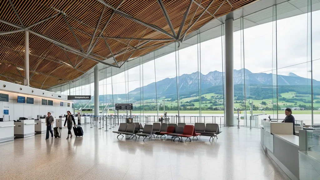 Bright interior of Klagenfurt Airport KLU terminal in Carinthia, Austria, with check-in desks, seating and alpine views through glass walls
