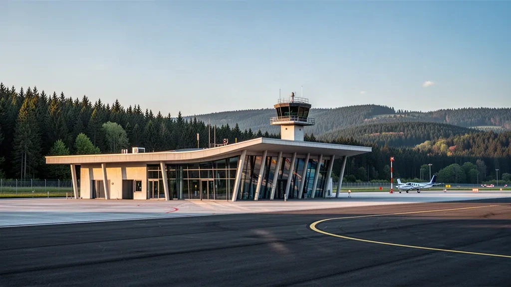 Edificio terminal moderno de cristal del aeropuerto de Karlovy Vary en Olsova Vrata, República Checa, a la hora dorada y rodeado de colinas boscosas