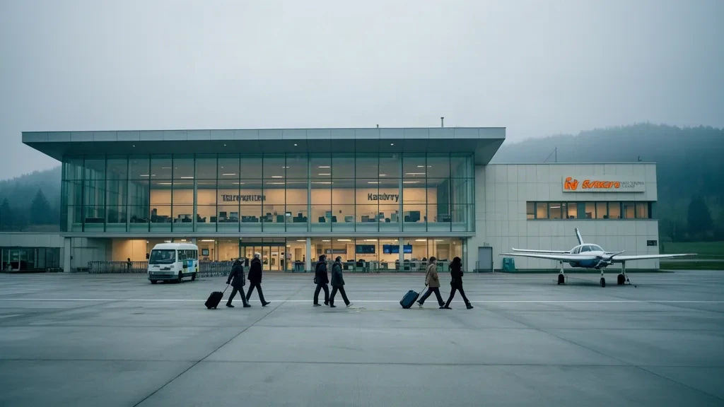Bâtiment terminal moderne et tarmac calme à l'aéroport de Karlovy Vary en Tchéquie sous une douce lumière du jour, avec des voyageurs marchant vers le hall de départ en verre